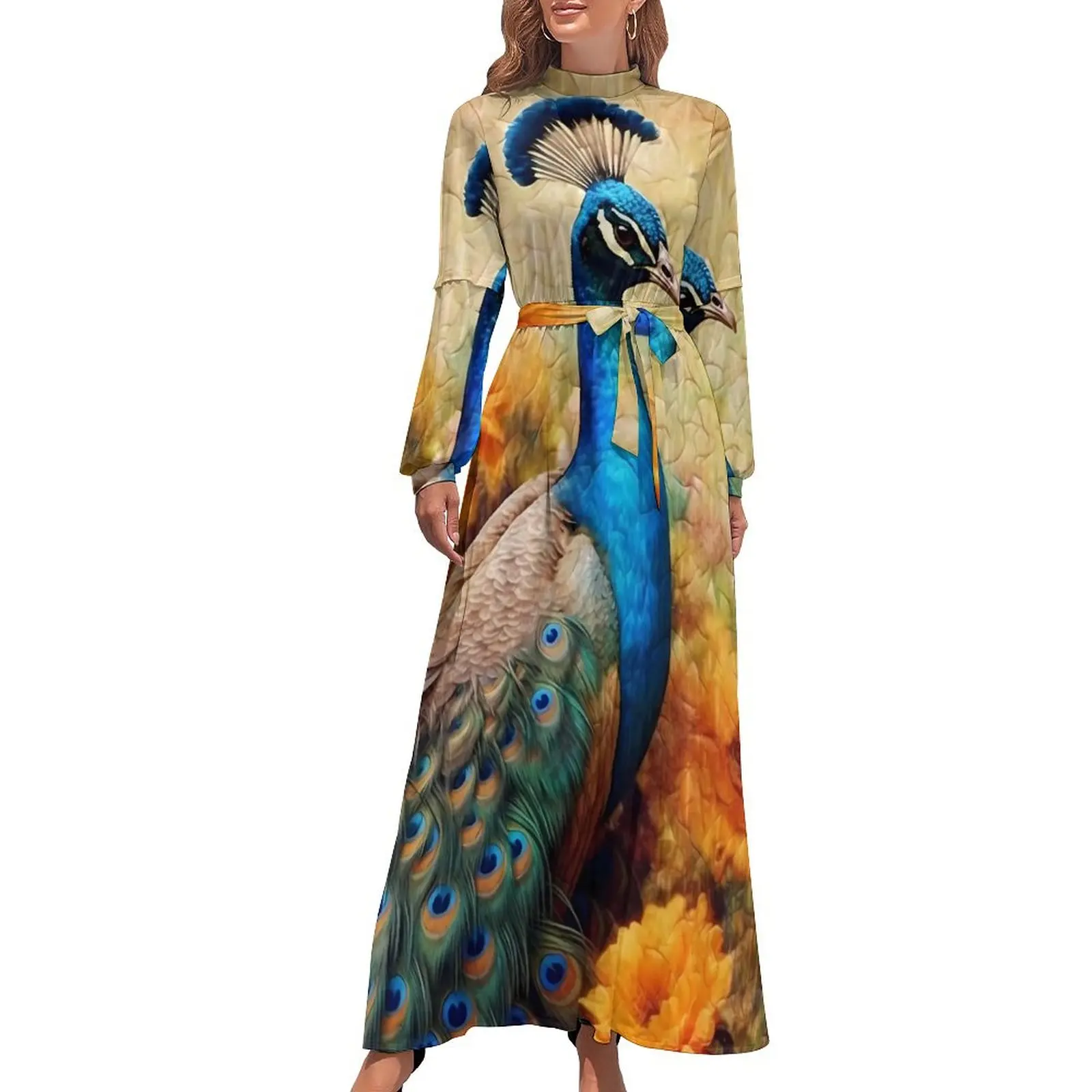 Peacock with Blue Feathers Yellow Flowers Dress  Cute Custom Maxi Dress High Neck Long Sleeve Streetwear Boho Beach Long Dresses