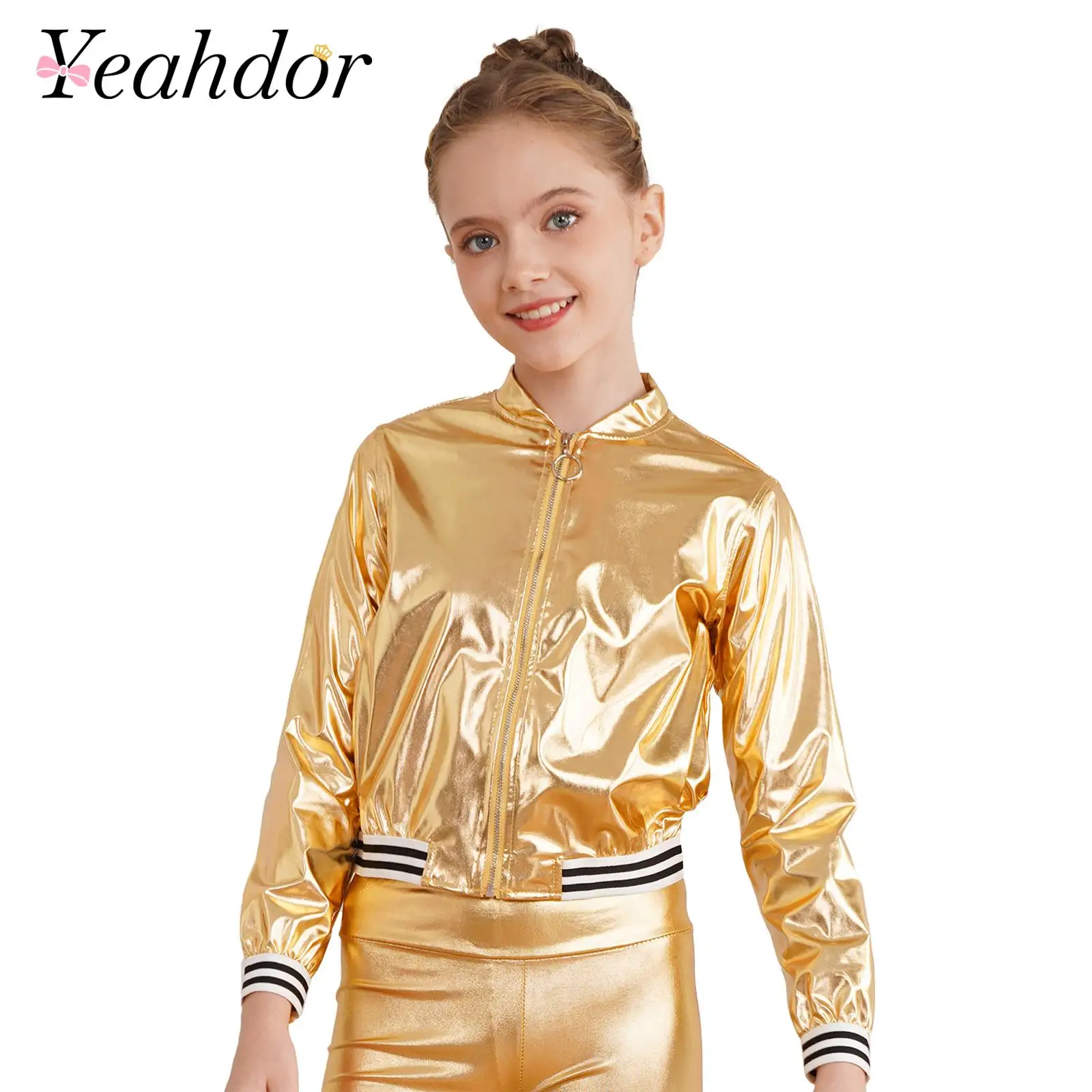 Children Fashion Street Coat Kids Girls Shiny Metallic Baseball Jacket Long Sleeve Outerwear Jazz Dance Top Disco Party Costume