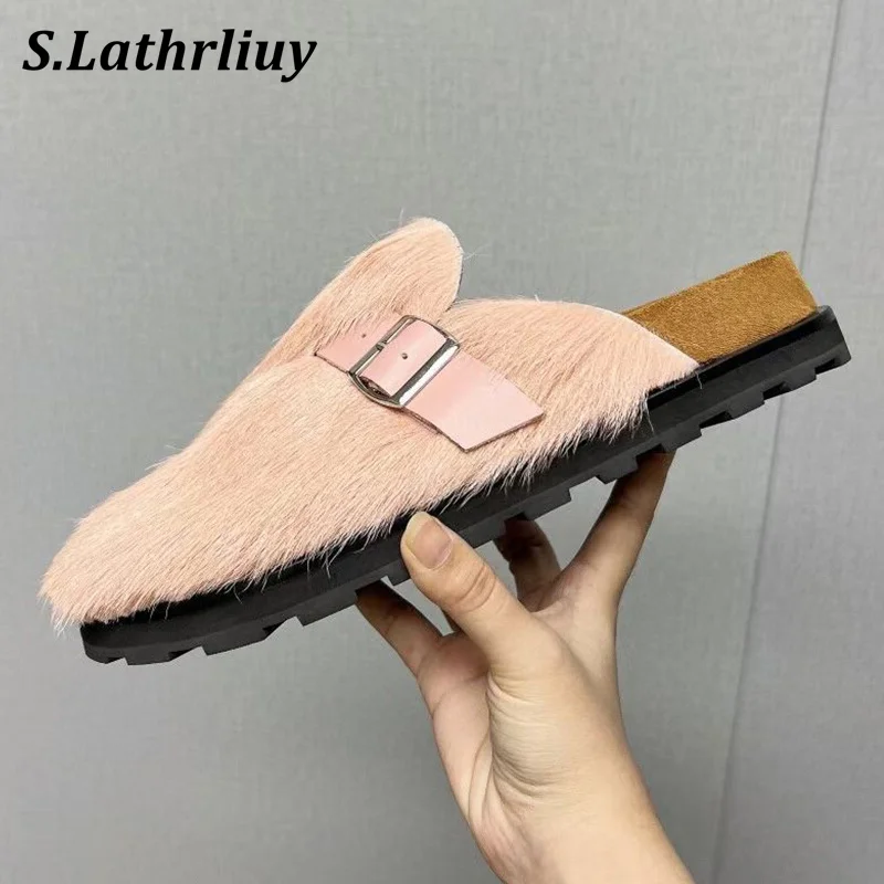 

Spring Autumn Belt Buckle Casual Half Slippers Women's Fur Split Toe Slippers Thick Bottom Non-slip Outdoor Lazy Mules Shoes