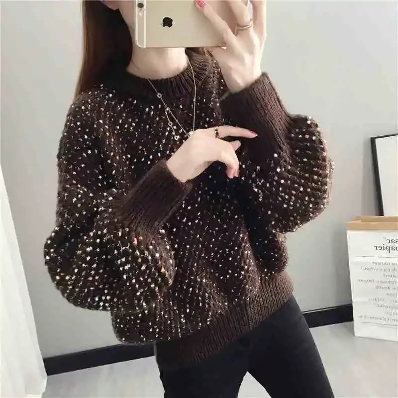 ラウンドネックのボトムスセーター、ゆったりとした着心地で、厚手のランタンスリーブセーター、新しいプルオーバー