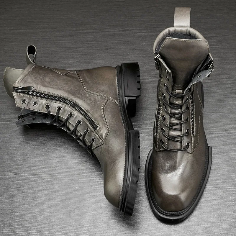 Men Genuine Leather Motorcycle Boots Lace‑Up Dual Side Zipper High‑Top Ankle Booties Vintage Punk Street Style Casual Shoes