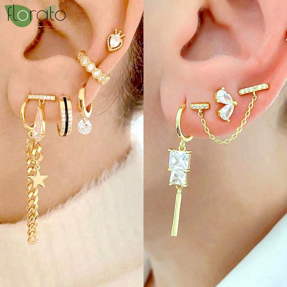 925 Sterling Silver Needle Fashion Gold Color Tassel Long Earrings Elegant White Zircon Hoop Earrings for Women Wedding Jewelry