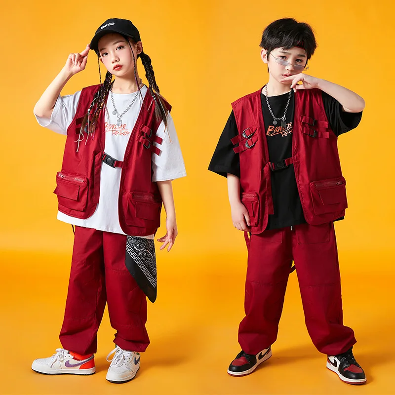 Monos para niños de 4 a 15 años, traje de chaleco rojo, pantalones de Hip Hop para niños, traje de chaleco rojo de moda de baile Jazz para niñas