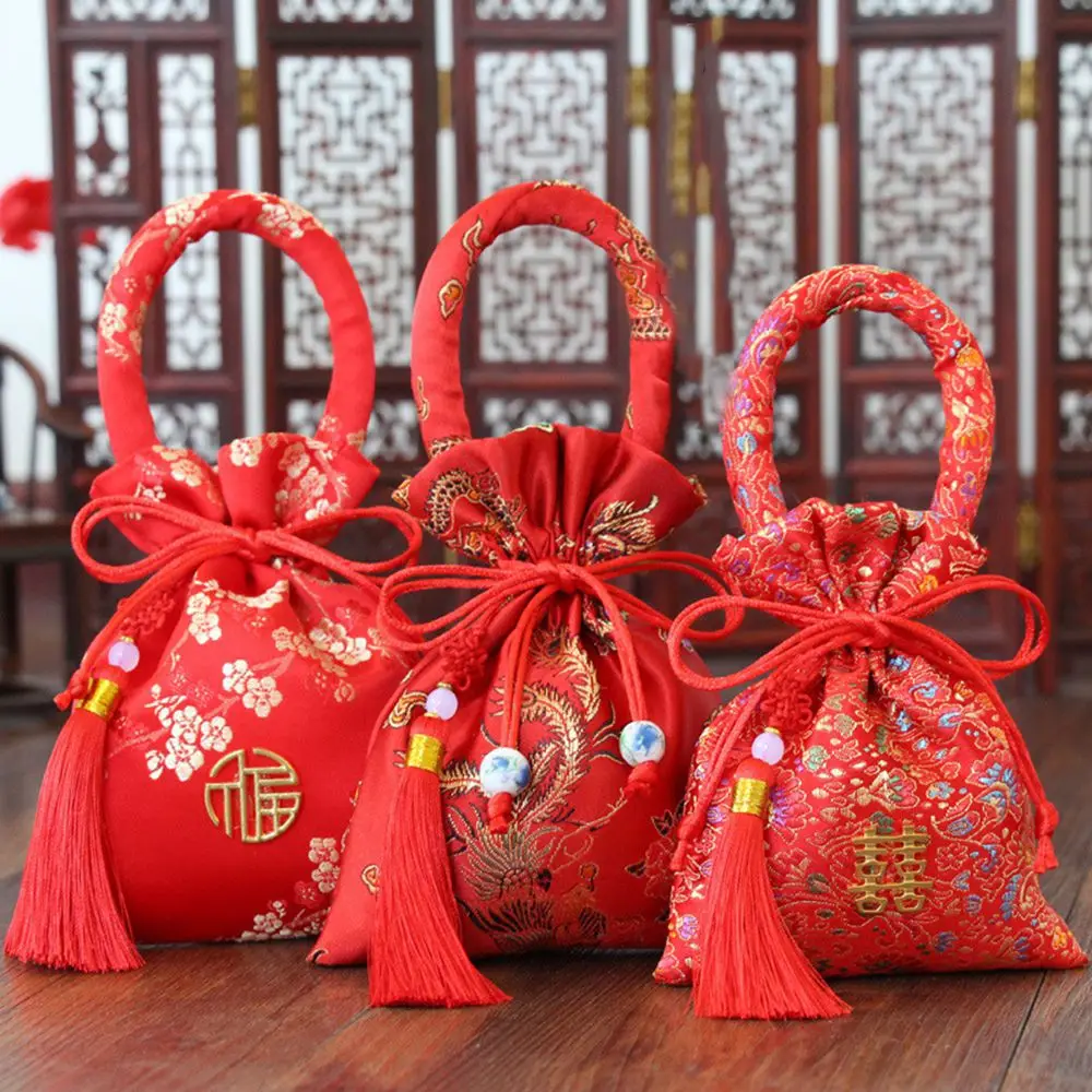 Red Portable Brocade Wedding Party Supplies Chinese Knot Candy Bag Package Bag Wedding-favor Gift Handle Bag