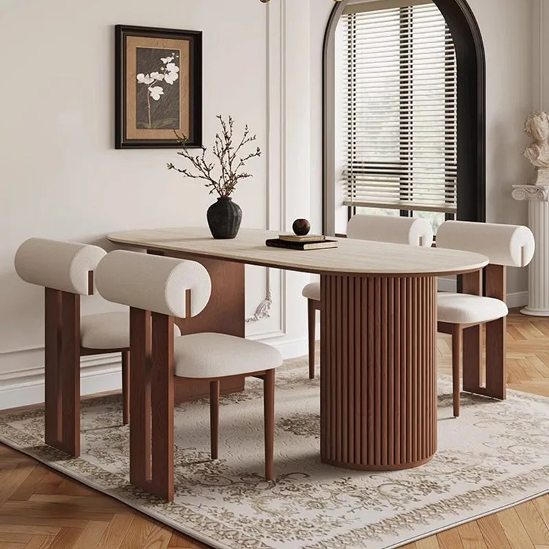 

Medieval travertine rock slab dining table Household small apartment dining room Ash wood dining table against the wall