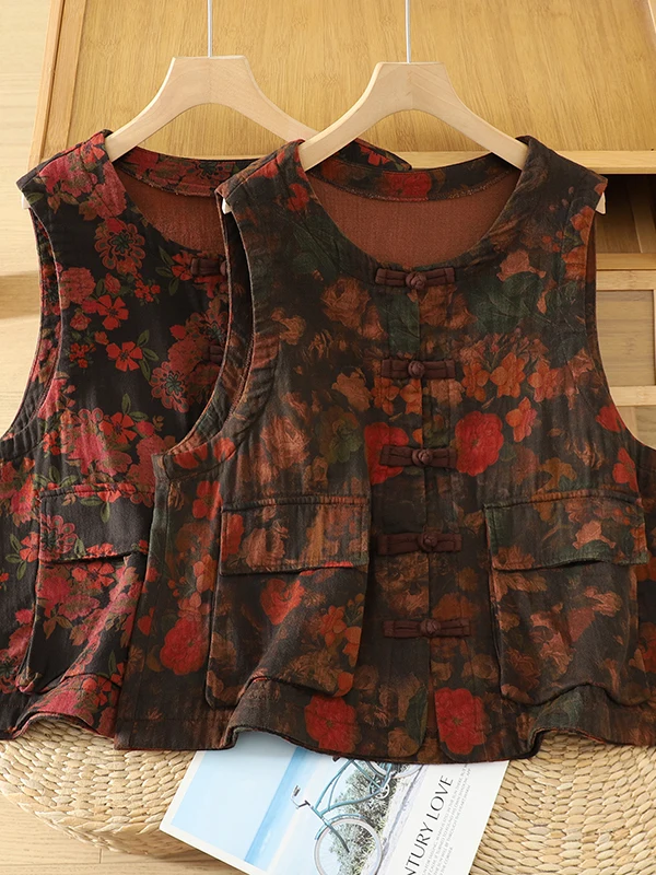 Vintage Ethnic Style Women's Vest Double Sand Cotton Slimming Buttoning Remade Chinese Style Warmth Printed Loose Fit