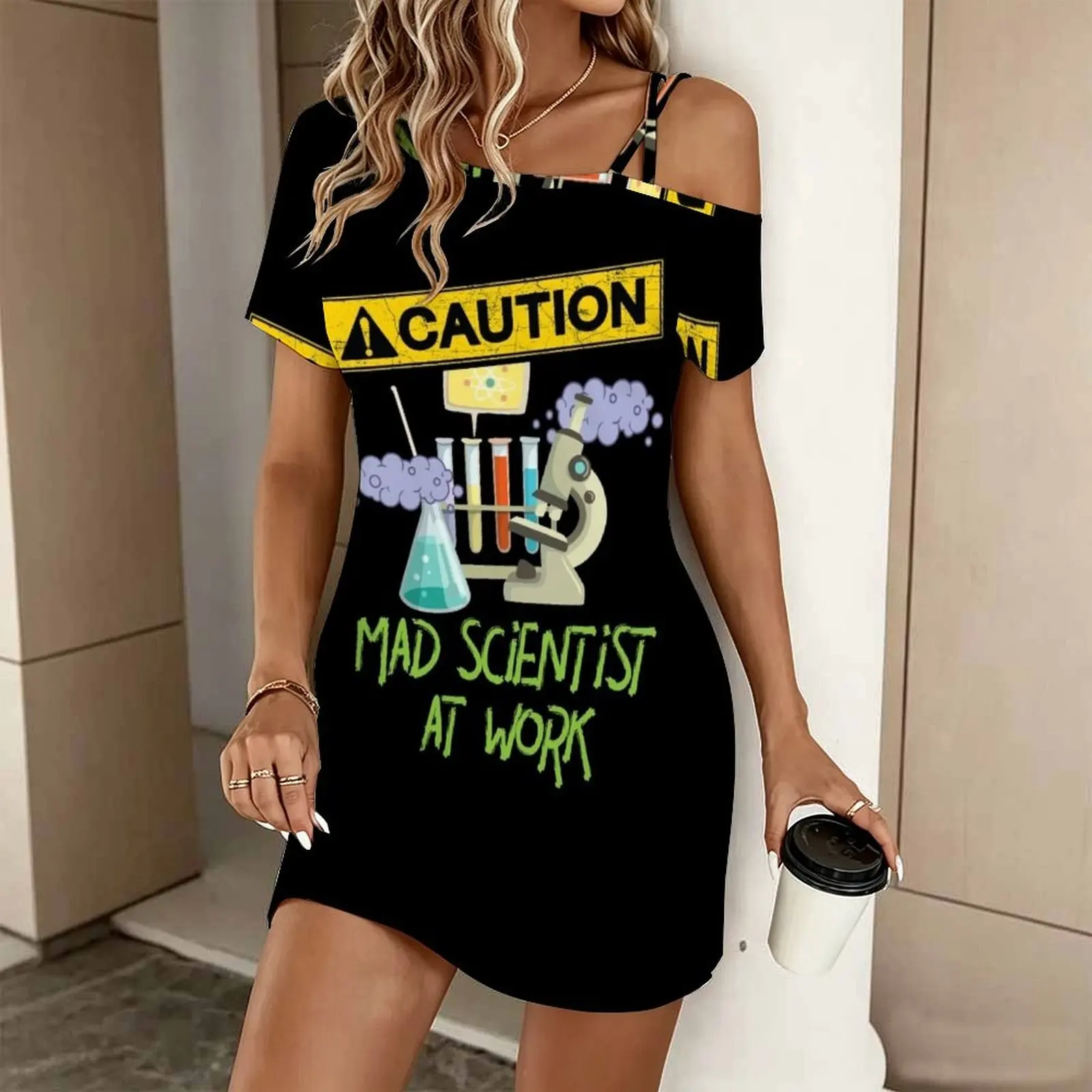 CAUTION Mad Scientist At Work - Funny Science Scientist's Women's Slanted Shoulder Single Strap Short-Sleeved Dress