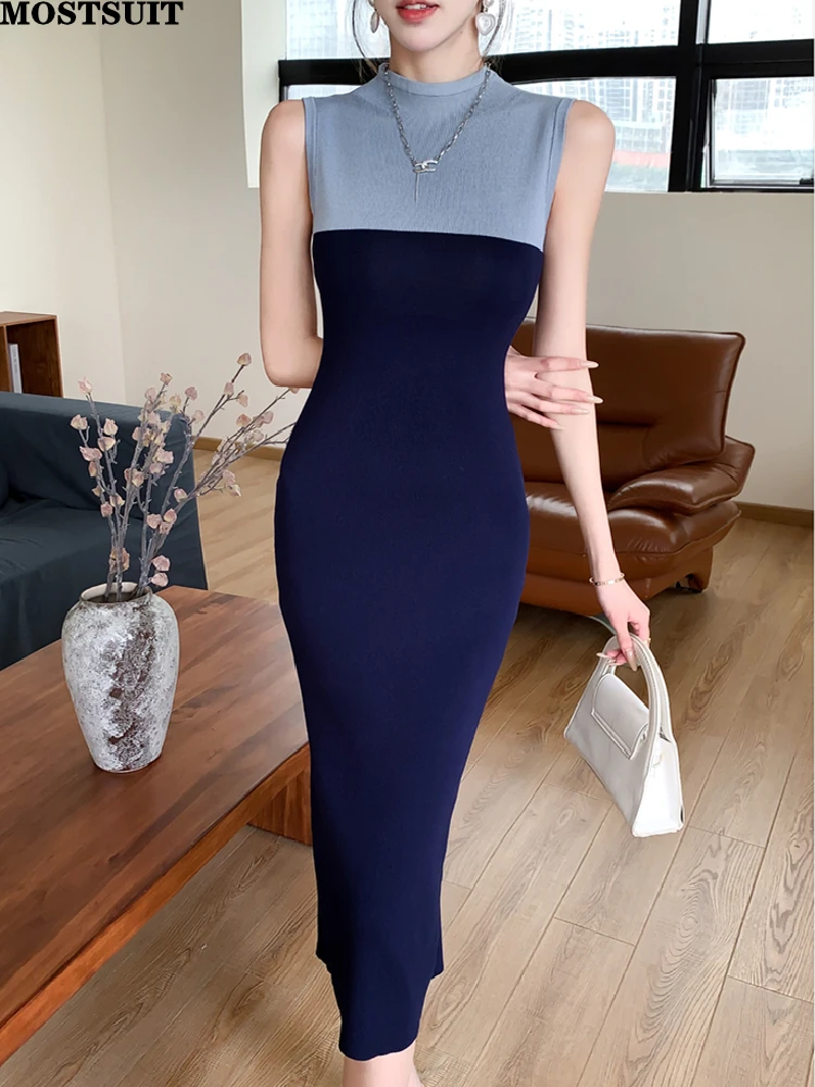 Women Bodycon Dress 2025 Summer Sexy Slim Knit Vest Pencil Dresses Sleeveless O-neck Color-blocked Korean Ladies Vestidos Mujer