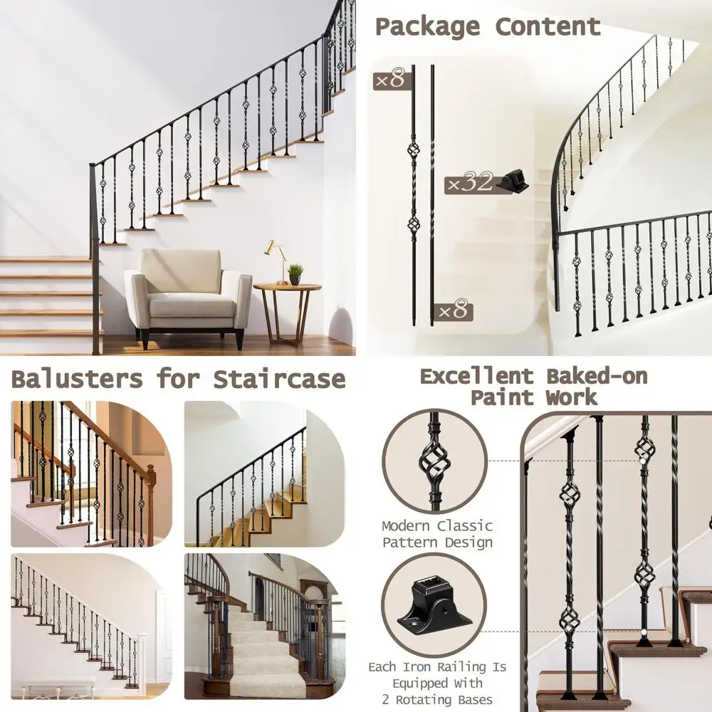 

16-Pack Matte Black Hollow Iron Balusters, 1/2 x 44 for Interior Stair Railing with 32 Swivel Shoes and Double Basket Design