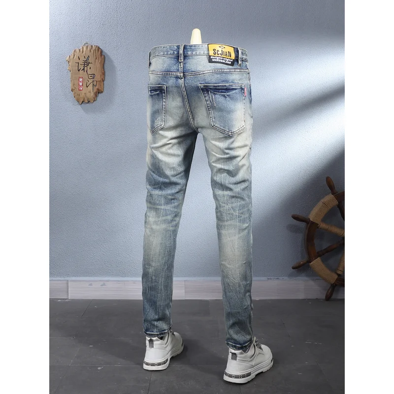 

Синие полированные белые ретро-трендовые эластичные маленькие прямые джинсы для мужчин, ностальгические стираные и потертые брюки