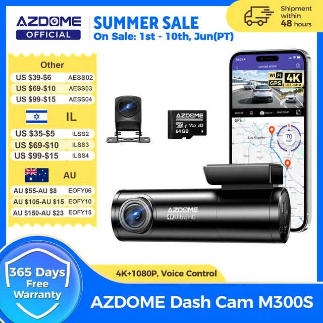 AZDOME M300S Kamera Samochodowa 4K+1080P z Kamerą Tylną, Obiektyw 800MP, Wbudowany GPS, WIFI, Rejestrator Jazdy, Sterowanie Głosowe, Noktowizor, Kamera Tylna