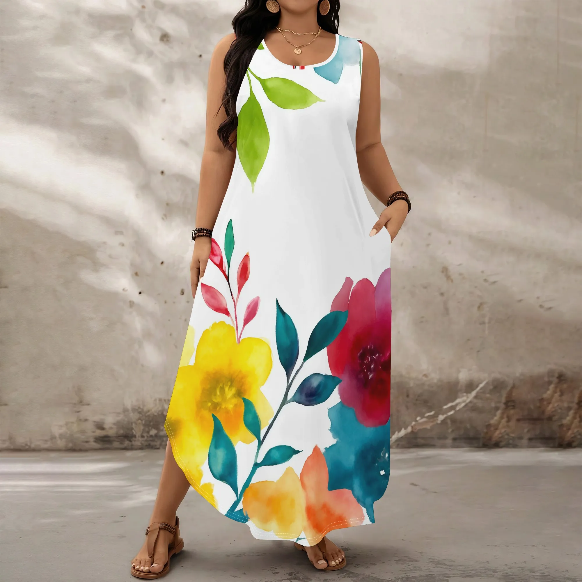 

Women's Plus Size A-Line Maxi Dress Sleeveless White Watercolor Floral Print Summer Vacation Dress with Pockets XL-6XL