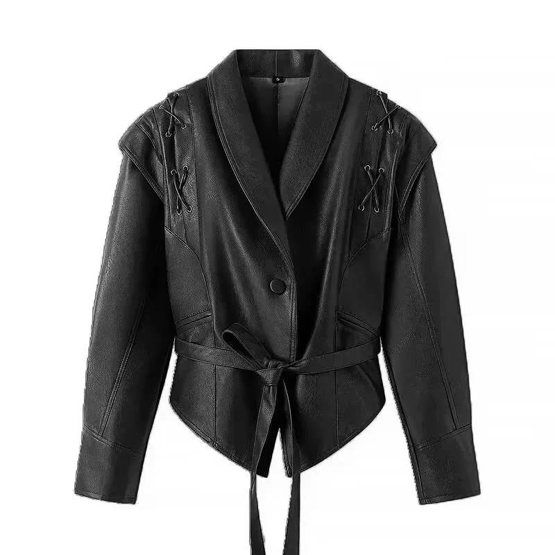 

Fashionable women's PU leather jacket autumn and winter collar slimming jacket black motorcycle jacket suit jacket