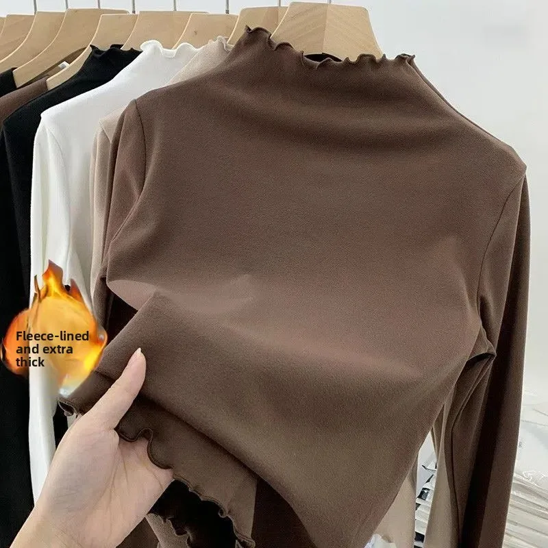 LHH Double-Sided Fce Lined Thiened f-High Collar Women's Base irt Winter New Sle Warm Top Wood ain  Design