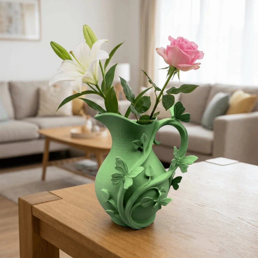 Elegant 3D Butterfly Relief Vase Decorative with Handle Pitcher‑Shaped Flower Vase Matte Finish Dried Flower Vase Living Room