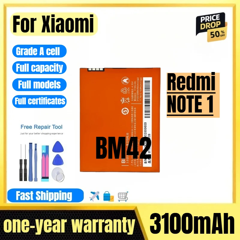 

BM42 for Xiaomi Redmi NOTE 1 Mobile Phone Battery High Quality High Capacity Battery Replacement Bateria Grade A Cell with Tools