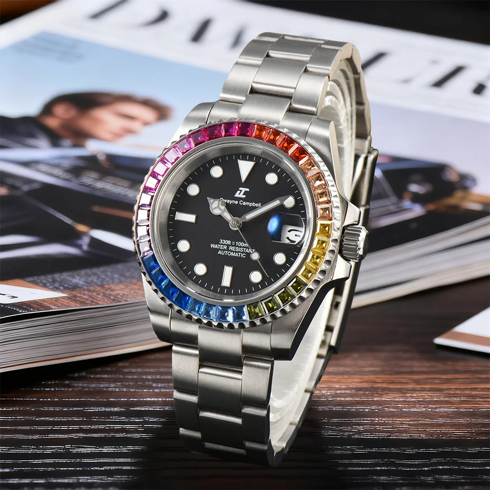 40.5 مللي متر ساعة ساعة رجالي عالية الجودة طائرة فضية الياقوت ساعة زجاجية NH35 ساعة يد تعمل بالحركة NH35 الماس رصع ساعة