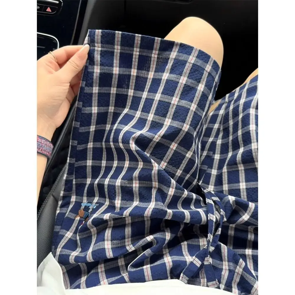 Men's Retro Grid Thin Shorts 90s Sporty Style Summer Mini Pants Cool Boys Wide Leg Casual Bottom Male Knee Length Trousers