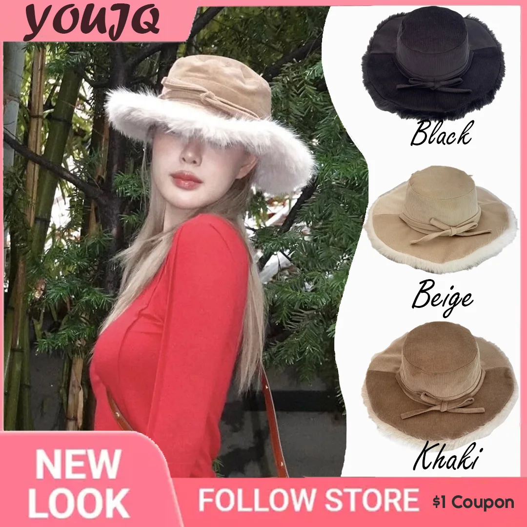 

Korean Retro Corduroy Bow Bucket Hat for Women INS Blogger with The Same Bow Flat Top Fisherman Hat New Autumn Winter Beanies