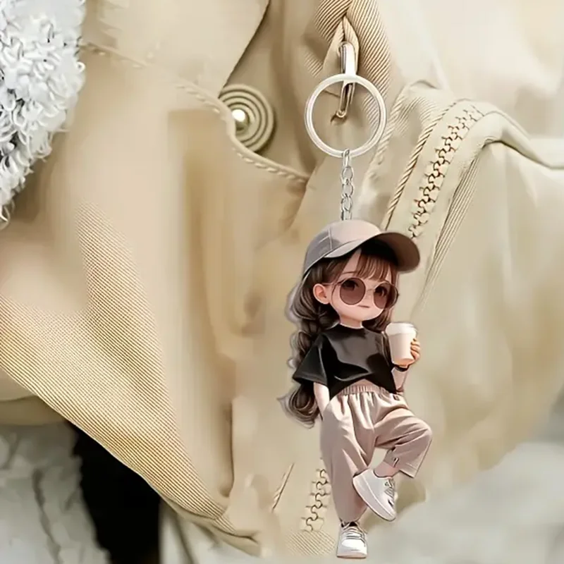 1 Cute Acrylic Girl Keychain, 2D Flat, Holiday Gift, Backpack Accessories, Key Decoration, Car Decoration, Keychain, Pendant image 3