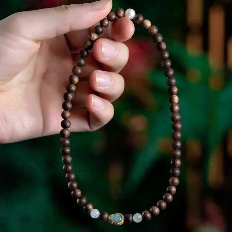 Vietnamese Nha Trang Old Bai Qi Nan Agarwood Bracelet for Women with Beeswax and Hetian Jade Gifts
