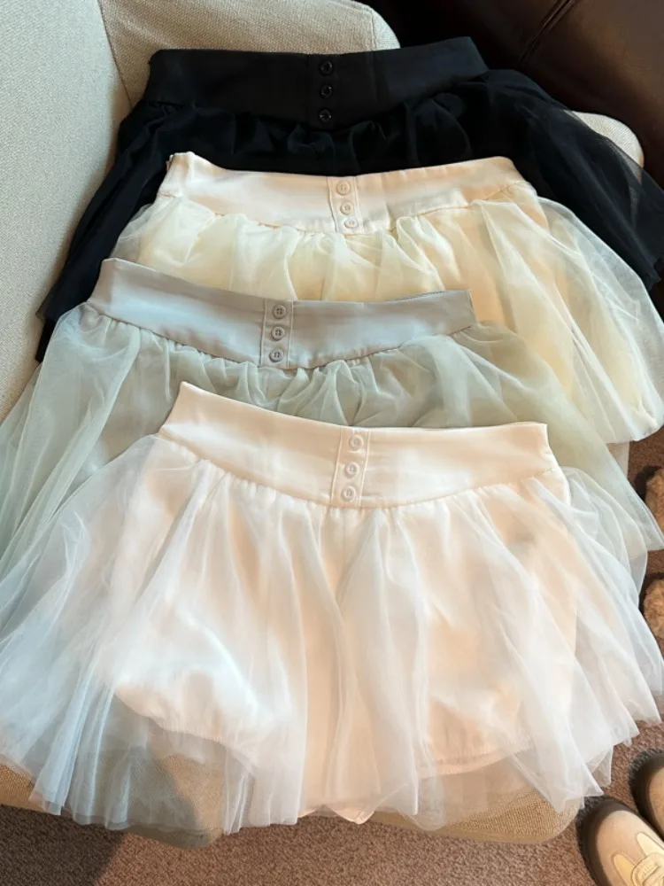 Spring Summer New Sweet Pure Desire Bloom Net Half Skirt Women's A-Line Fluffy Short Skirt High Waist Breathable Skin-Friendly
