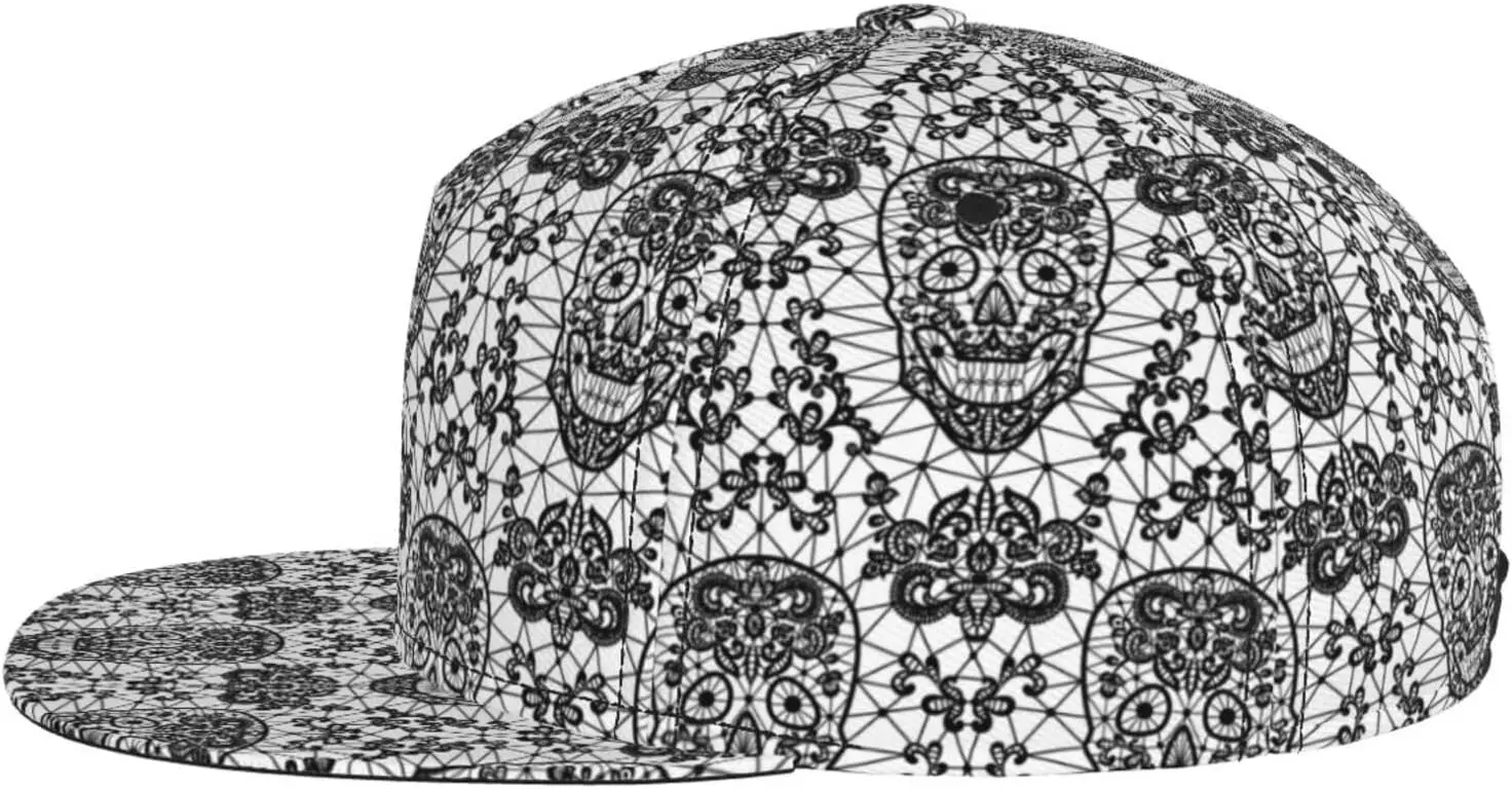 Flat Bill Baseball Cap for Men Women Black Lace Skull White Death Vintage Snapback Hat Hip Hop Dad Hat for Daily Outdoor