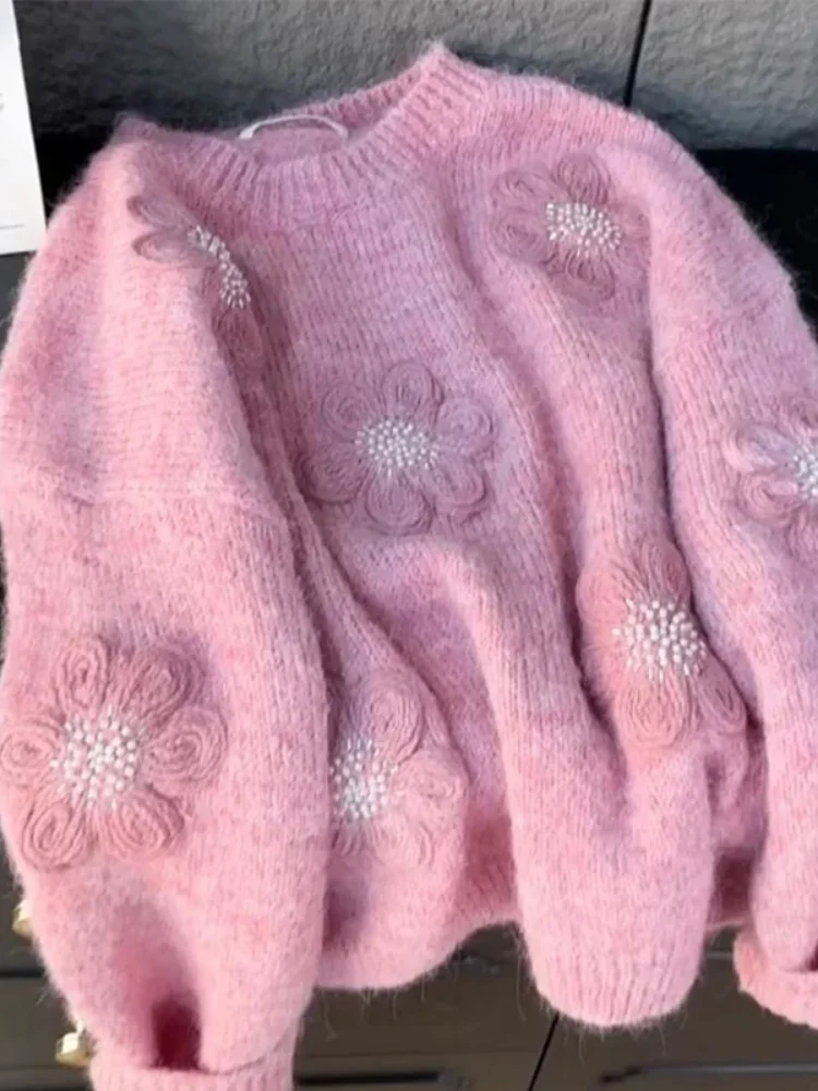 Koreanischer Heavy-Industry-Stil Perlenstickerei Blumen-Kaschmir-Strickpullover für Damen Herbst Winter Rundhals-Pullover Langarm-Oberteil