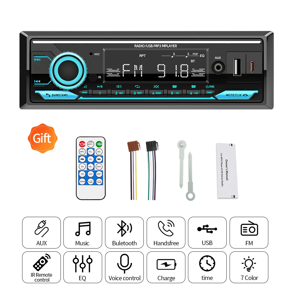 Autoradio 1din Srereo MP3-speler Bluetooth FM-ontvanger met afstandsbediening AUX/USB-ondersteuning Type C Telefoon opladen Spraakassistent