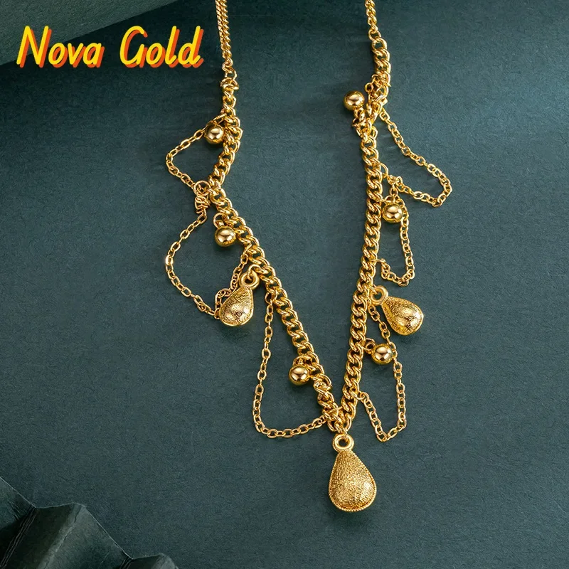 

NovaGlod 9999 24K real gold water drop lace chain gold necklace for women tassel hollow chain design pendant 5G brushed craft je