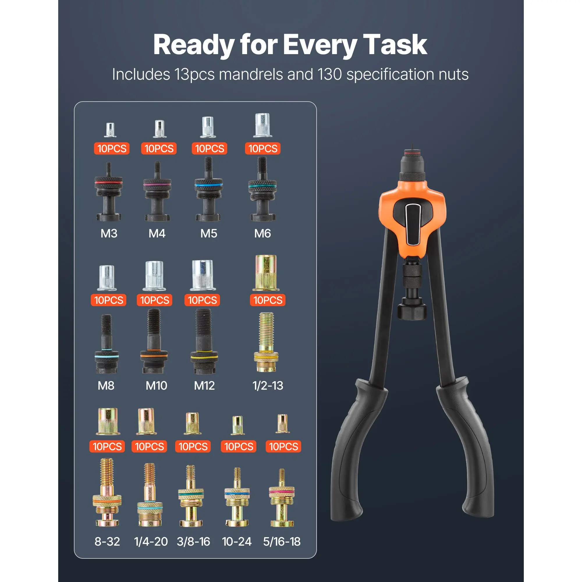 Rivet Nut Tool Kit, 17-Inch Rivnut Tool Kit, with 13 Mandrels and 130 Nuts, Metric and SAE Size M3, M4, M5, M6, M8, M10, M12, 1/