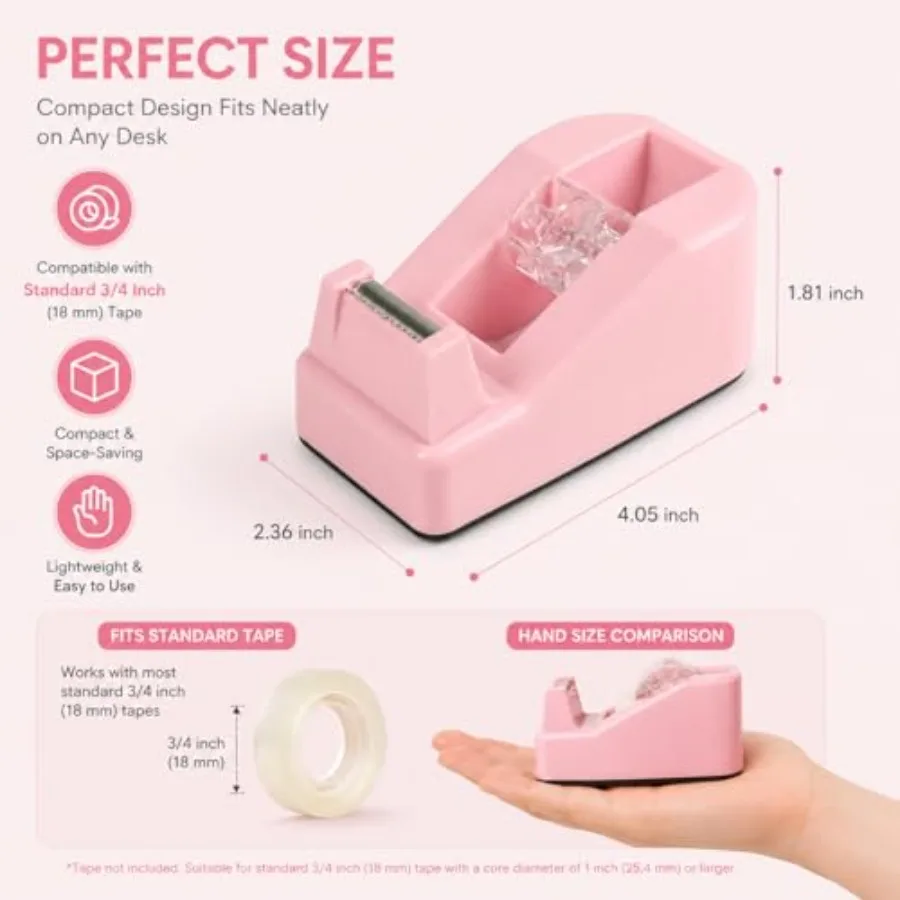 Cute Tape Dispenser for Desk, Weighted Non-Slip Base, One-Hand Tape Cutter, Pink Desk Accessories, Aesthetic Office Decor for W