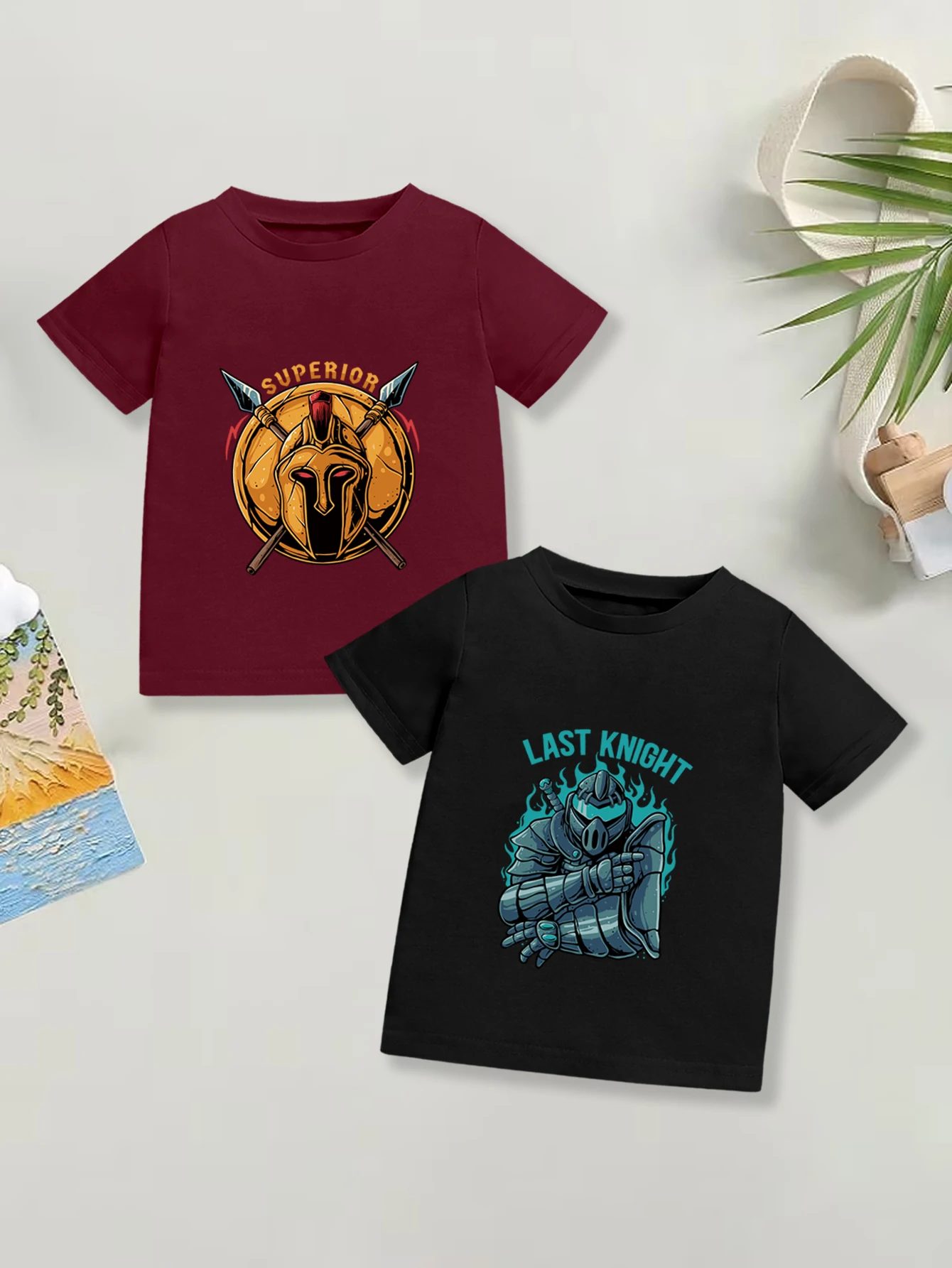 

2 предмета: летняя повседневная футболка для мальчиков с принтом мультяшного рыцаря, копья и щита