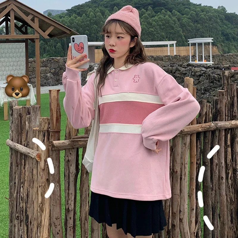 Kawaii Bear Embroidered Striped Pullovers Preppy Style Women Lapel Loose Casual Tops Sweet Japanese Spring Autumn Sweatshirts