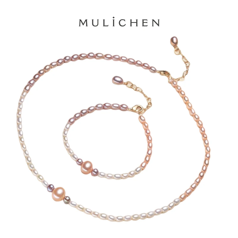 MULICHEN Tricolor Freshwater Pearl Women Jewelry 2 Piece Coat Exquisite Pearl Bracelet Necklace Set Temperament Evening Jewelry