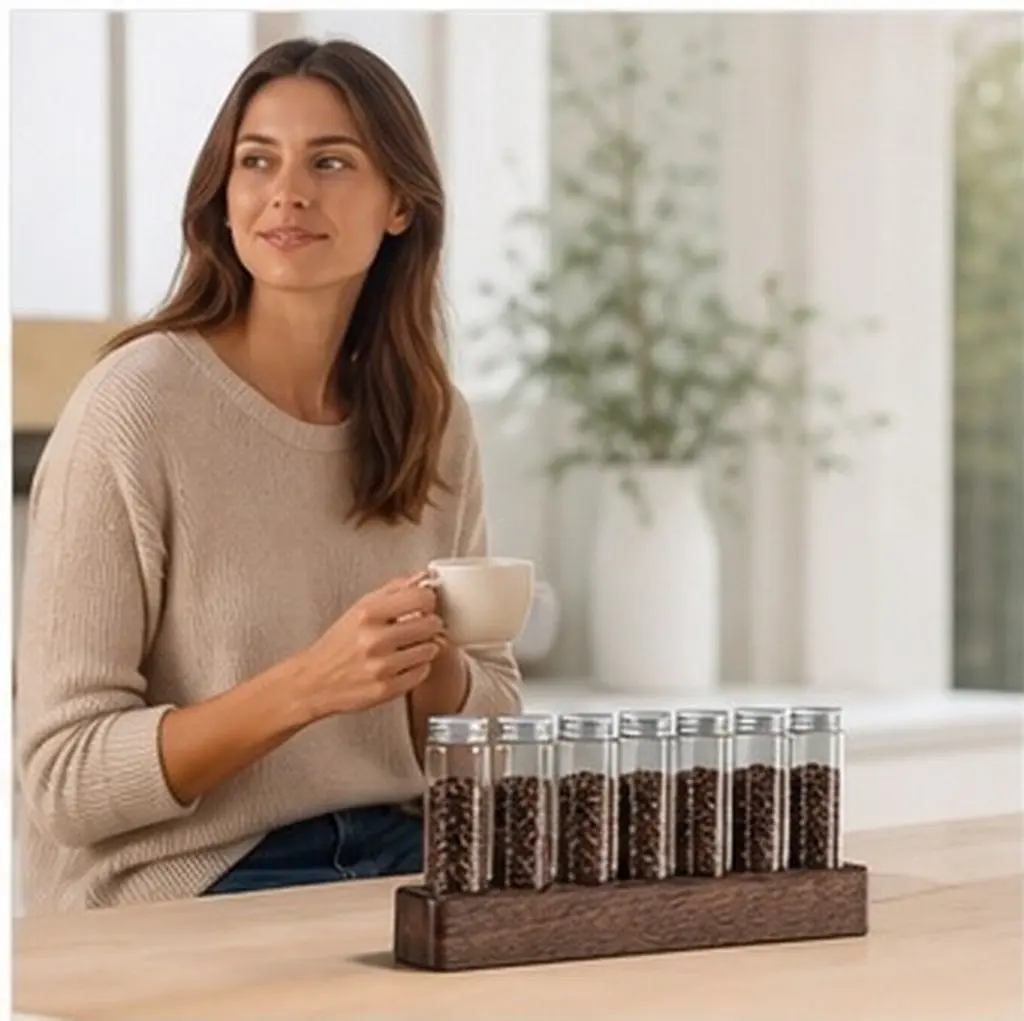 1Set Mini Coffee Bean Display Rack with Glass Test Tubes Wooden Base Sealed Storage Jar for Coffee Beans Tea Spices Jam