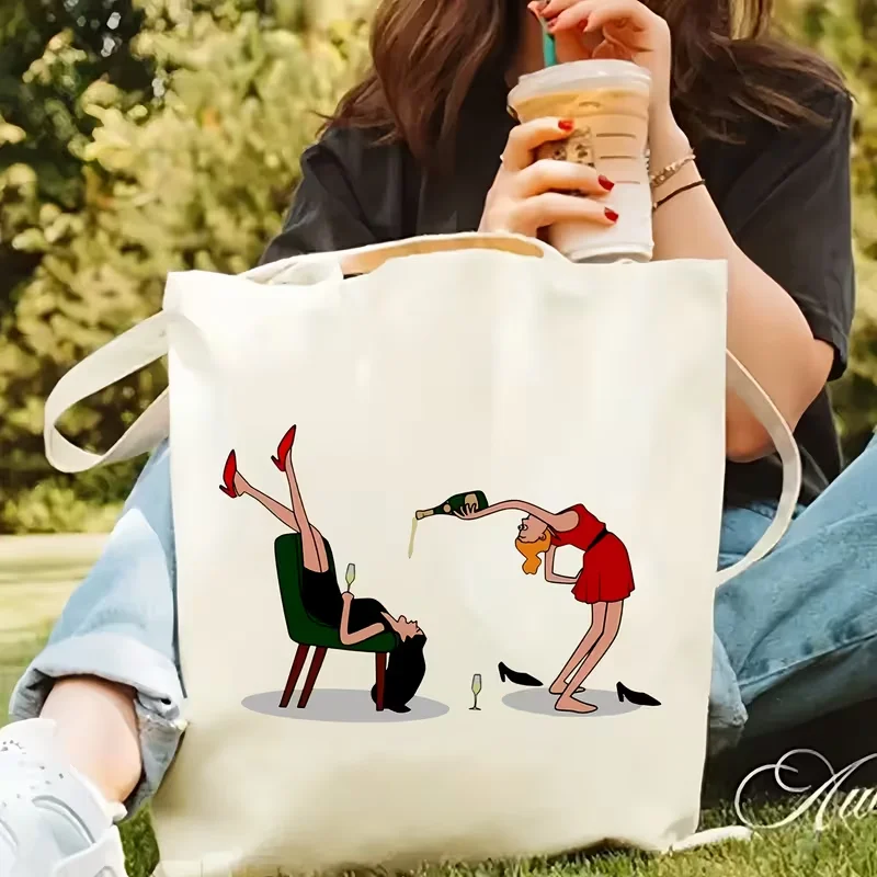 Canvas Tote Bag,Funny Drink Champagne with Friends Graphics , Shoulder Bag for Shopping, Outdoor, Travel Gift for Female Friends