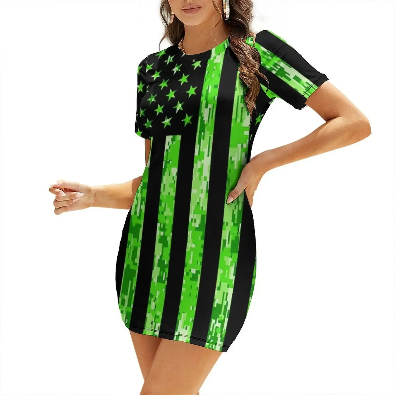 Vestido de Manga Corta con Camuflaje Digital Verde Lima y Bandera Americana, Elegantes Vestidos de Fiesta para Mujer 2026, Vestidos Elegantes en Tallas Grandes