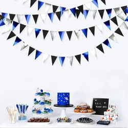 Navy Blue Black Silver Universe Party Decorations Royal Blue Triangle Flag Banner Bunting for Graduation Birthday Party Supplies