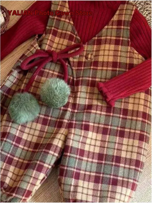 Boys Girls Knit Overalls Set Striped Base Layer Top Bib Pants Spring Autumn Winter New Year Clothes