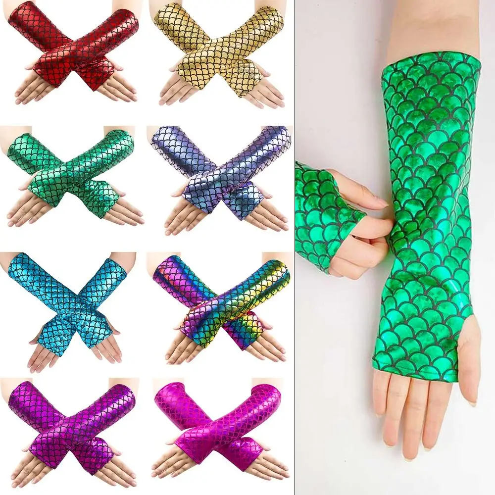 

Fancy Colorful Fingerless Gloves Fish Scale Long Cosplay Gloves Arm Sleeves Party