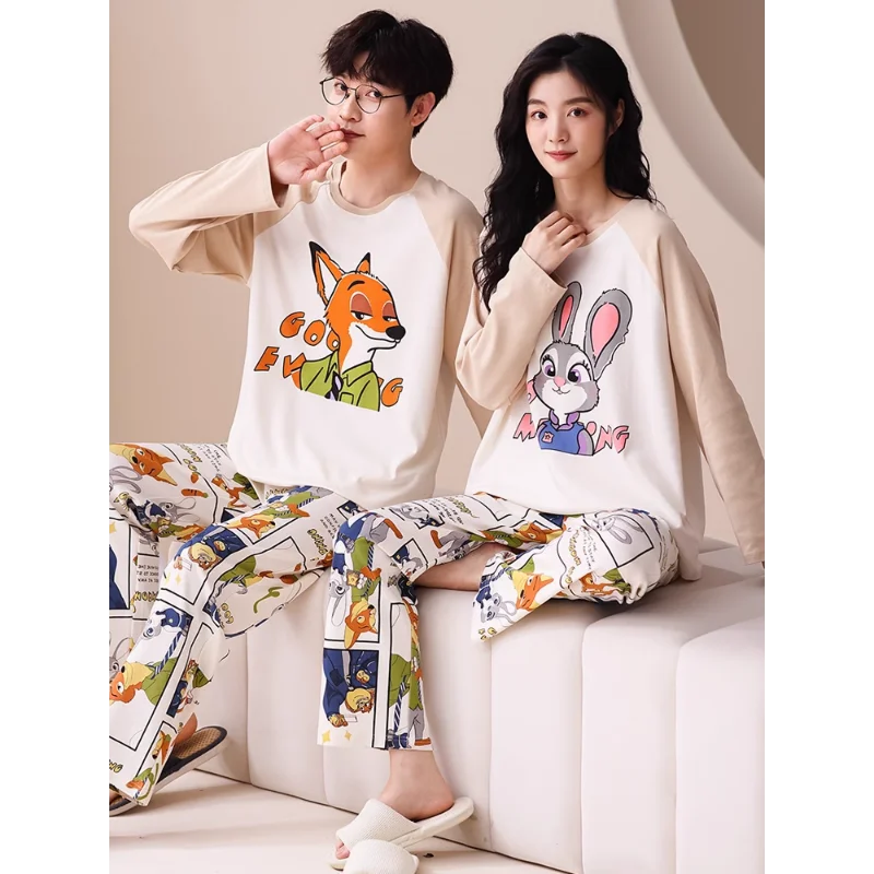 Cartoon Disney pajamas couple set autumn pure cotton long-sleeved trousers two-piece set loungewear casual women\'s pajamas