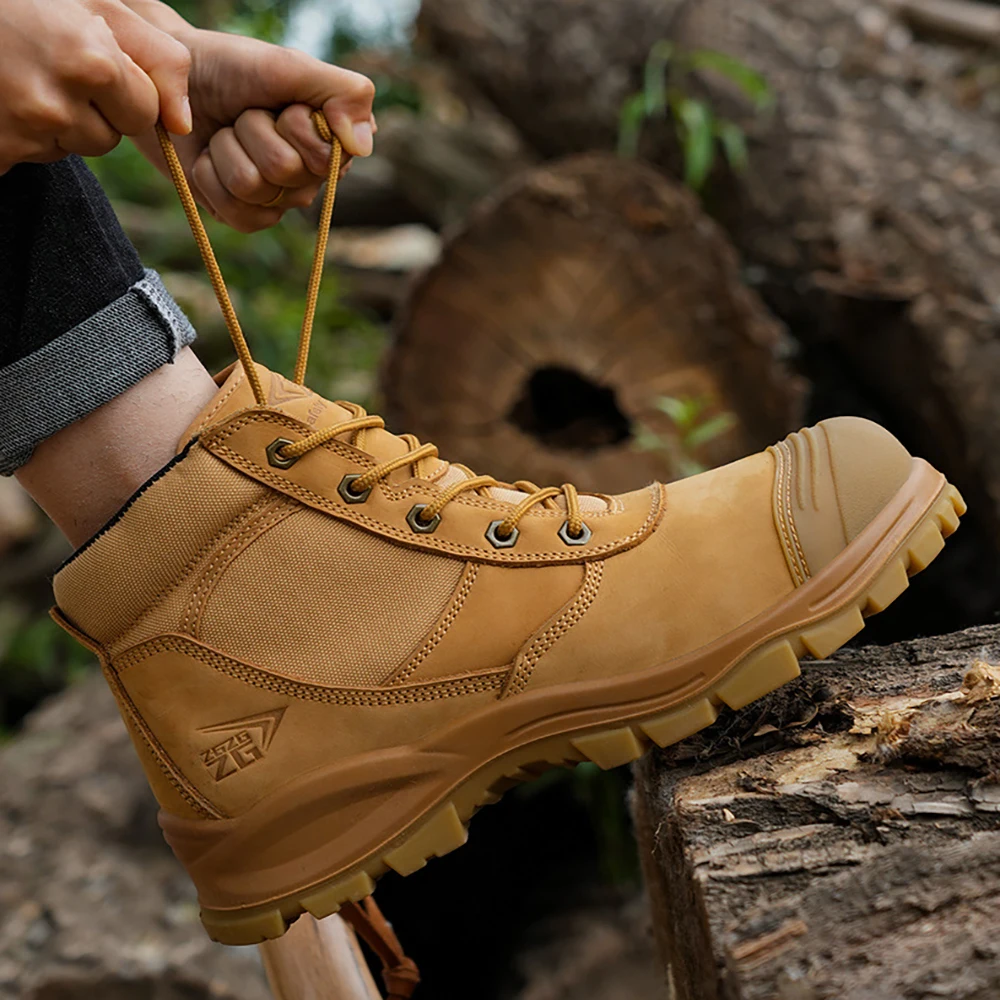 ArmorToe EN ISO 20345:2021 Crazy Horse أحذية أمان جلدية متوسطة القطع من الصلب عند أصابع القدم مقاومة للثقب برباط بني صناعي # درع3016