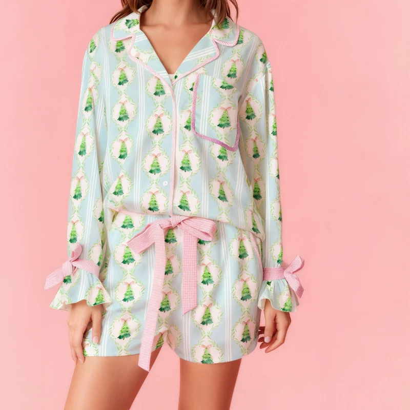 

women's Pajama Set Blue Floral Tree Print 2 Piece Lapel V Neck Long Sleeve Top Pants Silk Satin Lounge Sleepwear