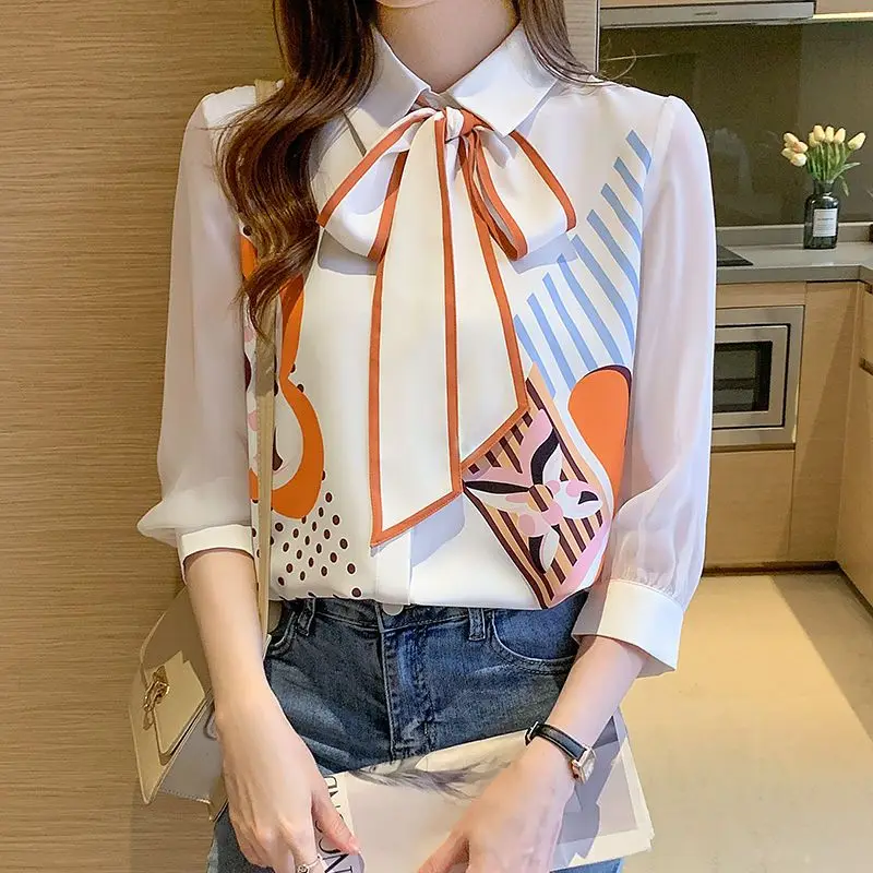 Elegant Lapel Printed Lace Up Bow Shirt Women\'s Clothing 20223Autumn New Loose Casual Tops All-match Office Lady Blouse