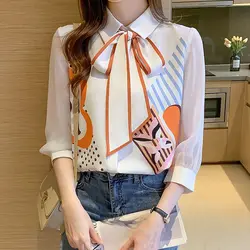 Elegant Lapel Printed Lace Up Bow Shirt Women's Clothing 20223Autumn New Loose Casual Tops All-match Office Lady Blouse