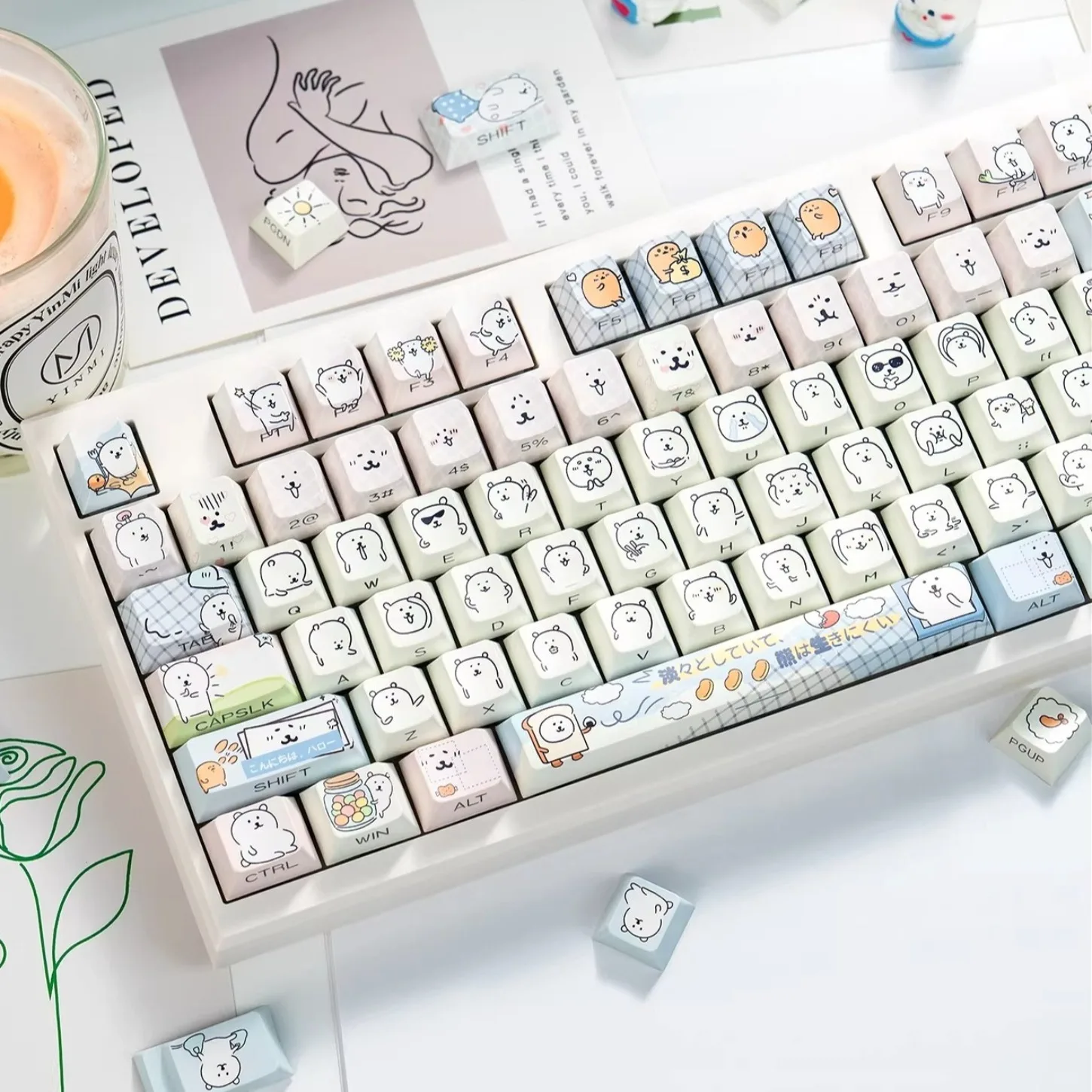 

130 клавиш с боковой гравировкой, полупрозрачные PBT кейкапы Cherry с тематикой милого медведя для механических клавиатур 68, 87, 98, 108