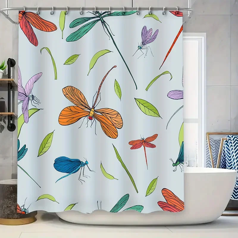 Vibrant Dragonfly Shower Curtain Printed Fabric Waterproof Bathroom Decor for Home Decoration in Black with Colorful Insects Pat