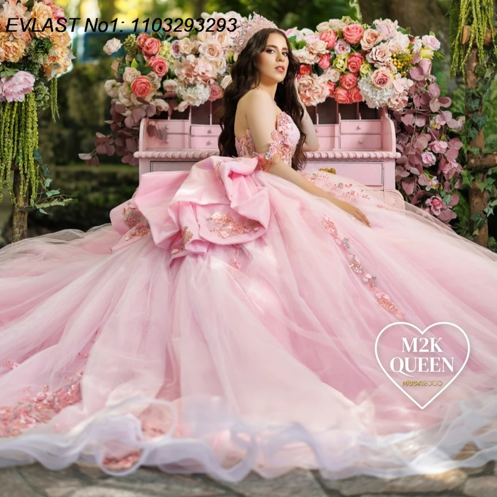 

EVLAST Customized Sparkly Pink Quinceanera Dress Ball Gown Floral Applique Beading Bow Corset Sweet 16 Vestido De 15 Anos E1Q311
