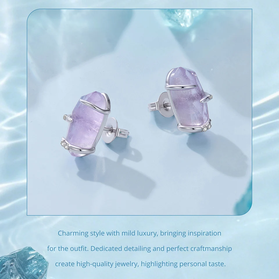 WOSTU Ohrstecker mit lila Amethyst-Rohkristall für Damen, platiniert, S925-Silber, geometrischer Naturstein-Schmuck, Geschenk – Detail 11
